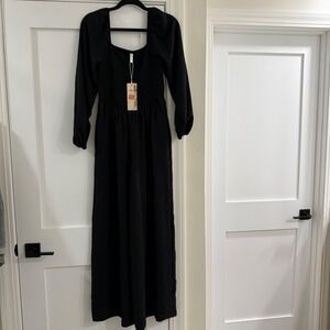 Dokotoo Black Smocked Wide Leg Jumpsuit Square Neck Puff Sleeve NWT